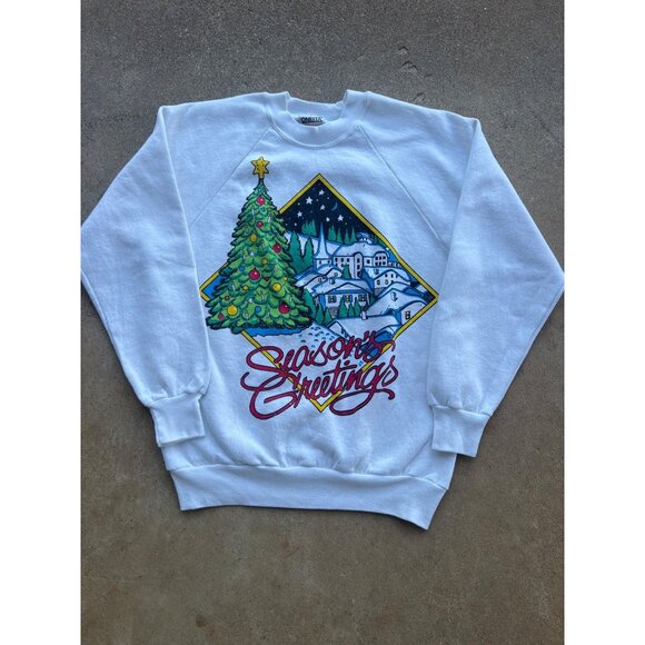 Vintage Oneita "Seasons Greetings" White Sweatshirt Christmas C4 - Picture 1 of 5